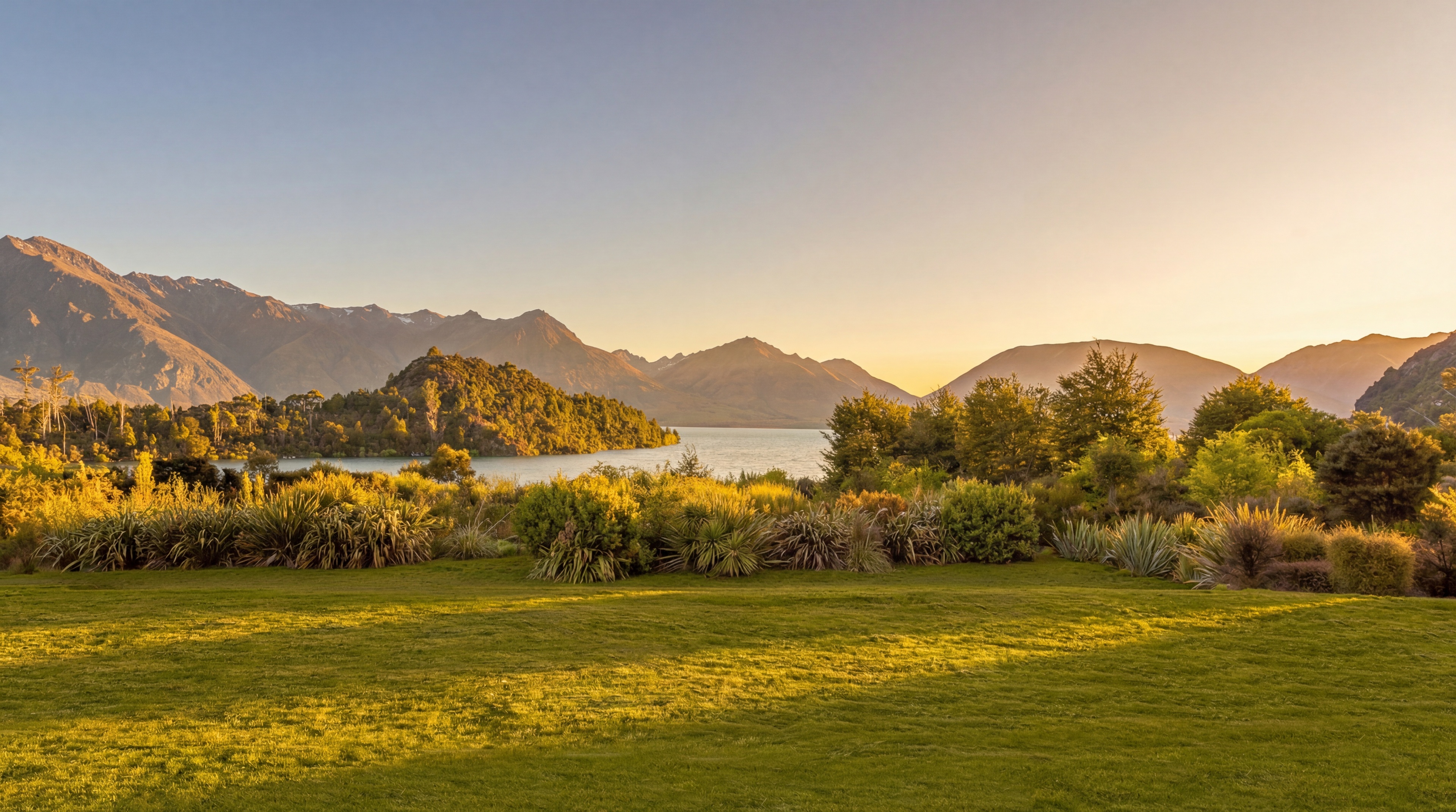 View across the lawn to Lake Wakatipu and surrounding mountains at golden hour